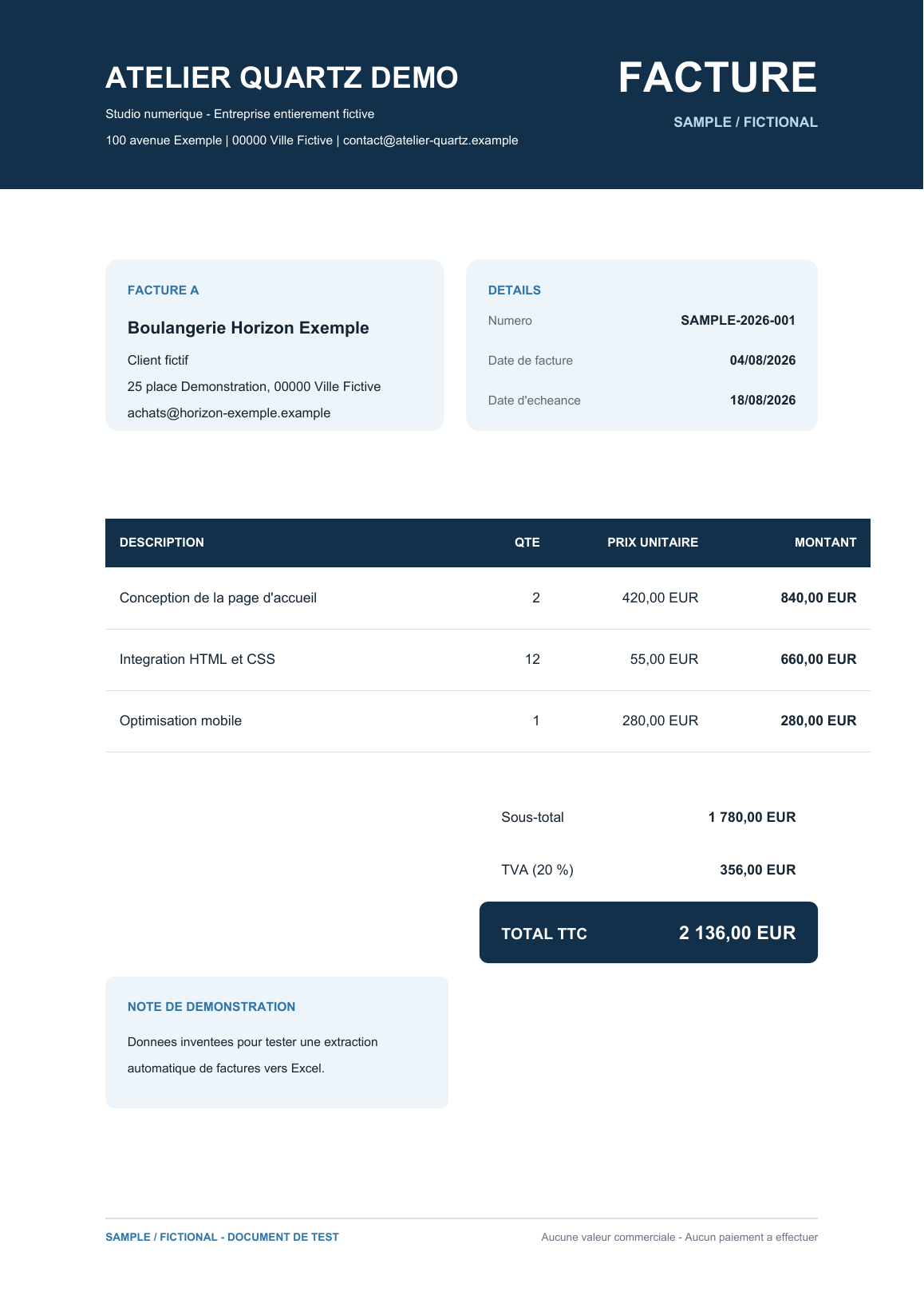 Preview of a fictional sample invoice prepared for PDF-to-Excel testing